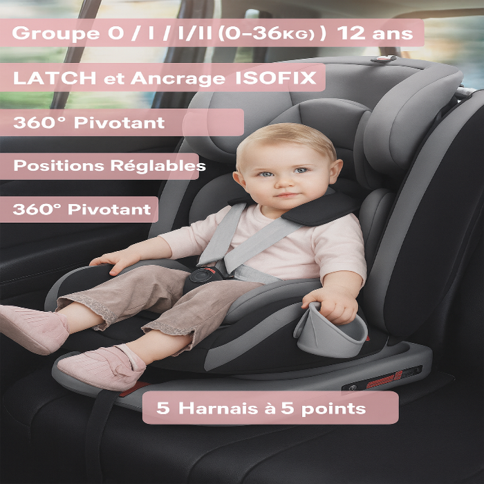 Siége auto évolutif 360° 0 à 12 ans ceinture de sécurité 5 points